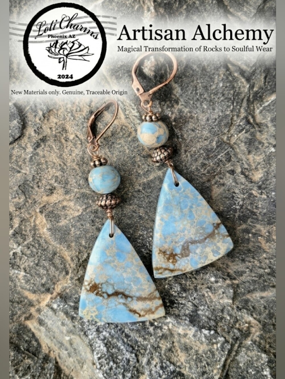 Nature's Blue Sea Sediment Jasper In Artisan Handmade Earrings In Antique Copper